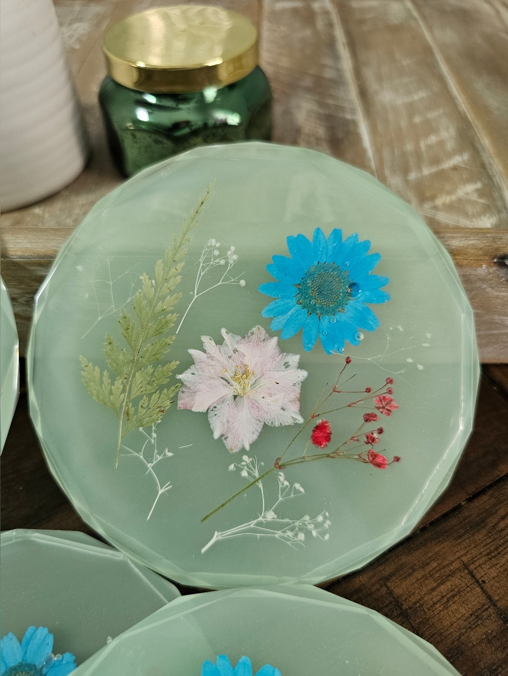 Green Resin Floral Coasters with Pressed Flowers